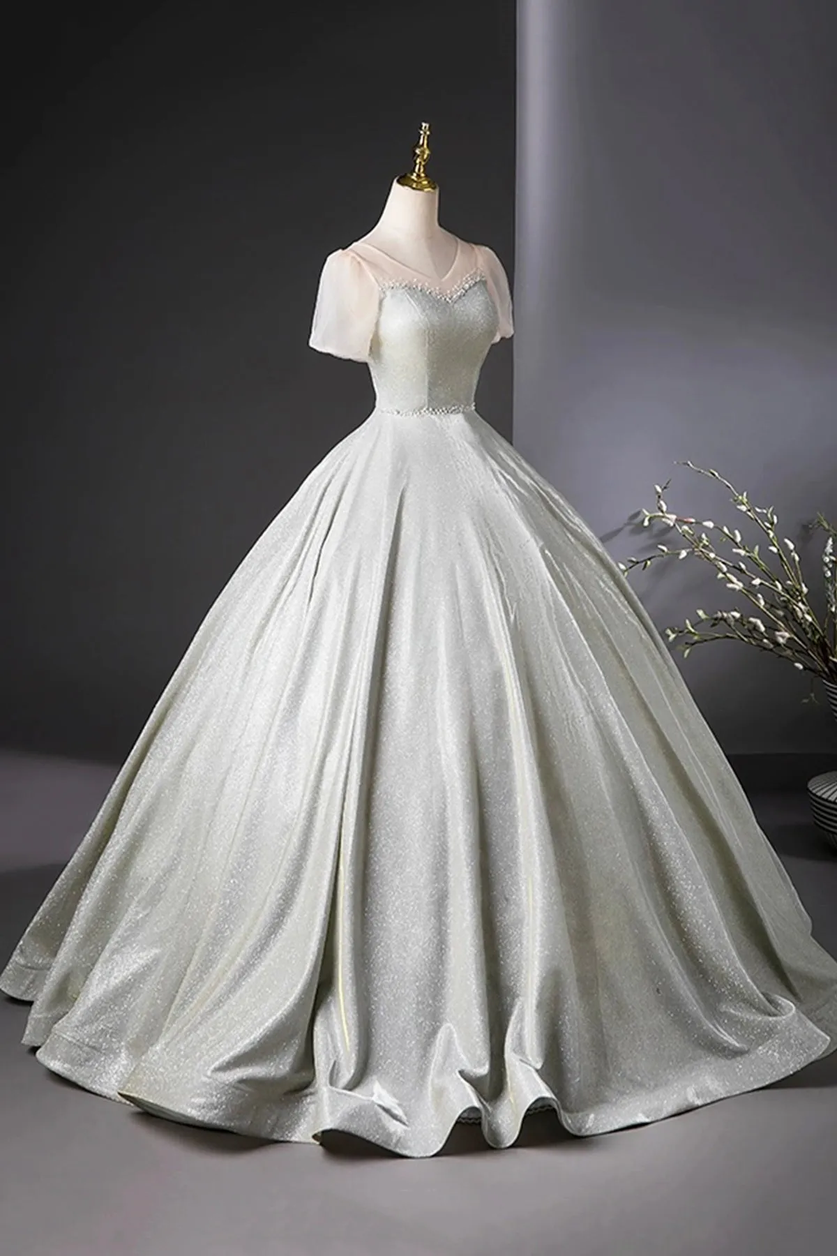 Beautiful Silver Glitter Floor Length Prom Dress, A-Line Short Sleeve Evening Party Dress