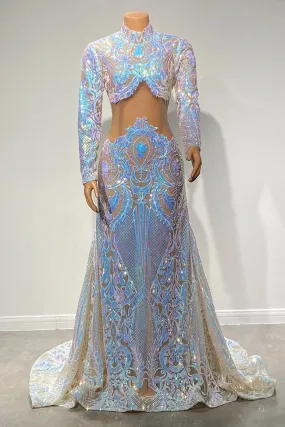 Beautiful Two Piece High-neck Long Sleeve Floor-length A-Line Prom Dresses