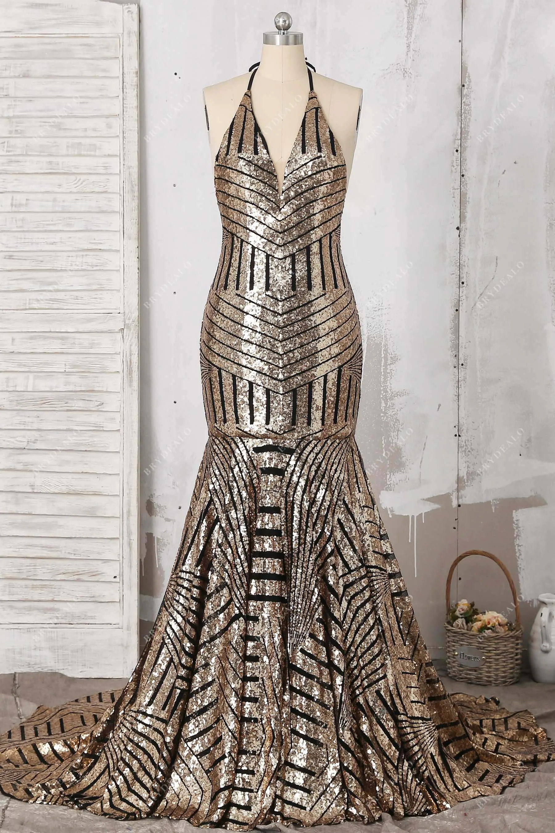 Black Base Gold Sequin Halter Backless Prom Dress