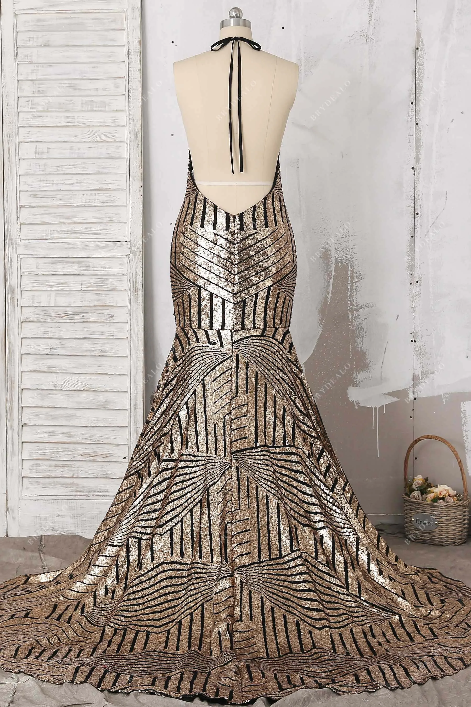Black Base Gold Sequin Halter Backless Prom Dress
