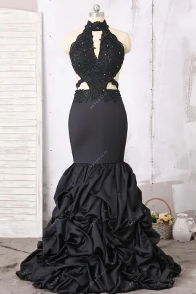 Black Beaded Cutout Pick-up Trumpet Prom Dress
