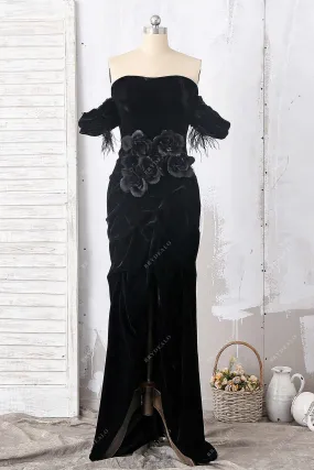 Black Feather Off-the-shoulder Slit Celebrity Prom Dress