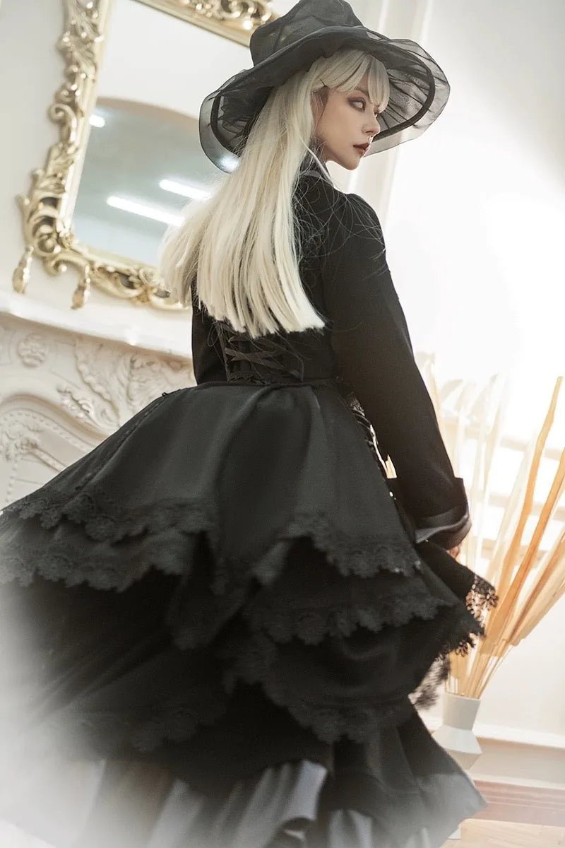 Black Gothic Lolita Prom Dress with Corset - Victorian-Inspired Ball Gown with Layered Lace and Ruffles Plus Size