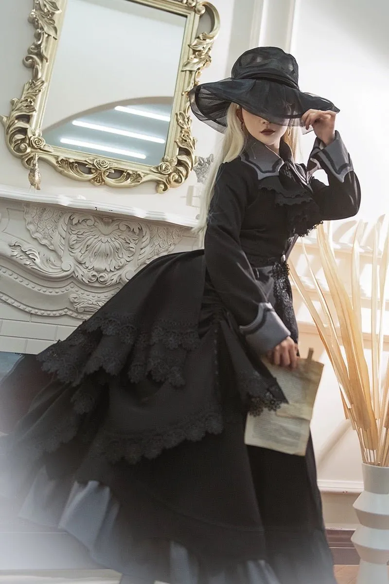 Black Gothic Lolita Prom Dress with Corset - Victorian-Inspired Ball Gown with Layered Lace and Ruffles Plus Size