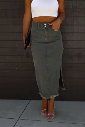 Black High Split Raw Edge Midi Jean Skirt