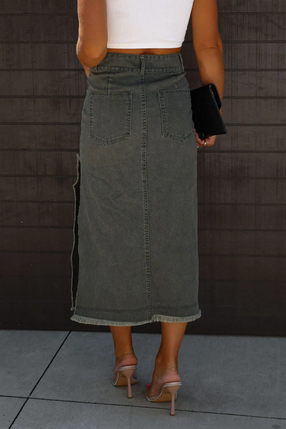 Black High Split Raw Edge Midi Jean Skirt