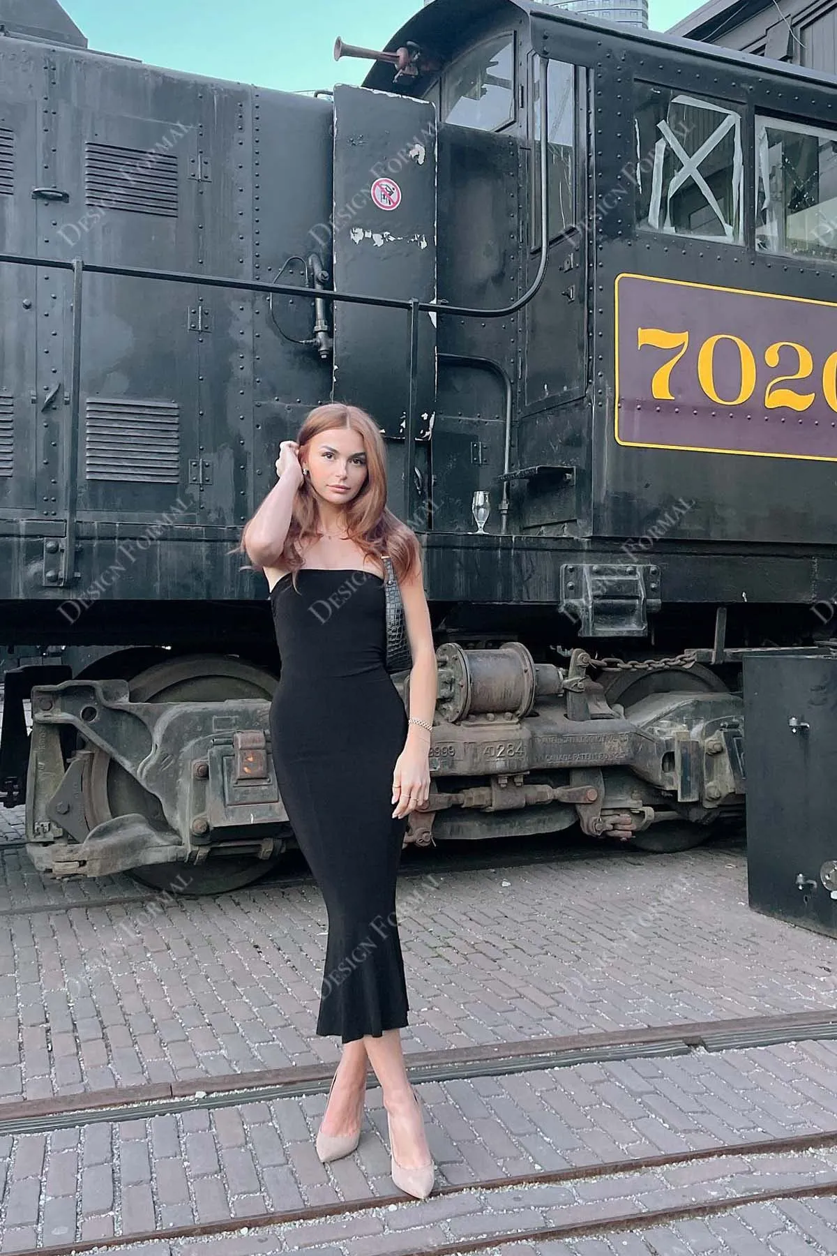 Black Jersey Strapless Straight Neck Made to Measure Tea Length Prom Dress