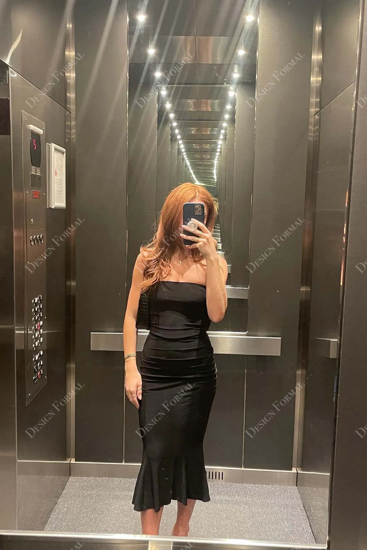 Black Jersey Strapless Straight Neck Made to Measure Tea Length Prom Dress