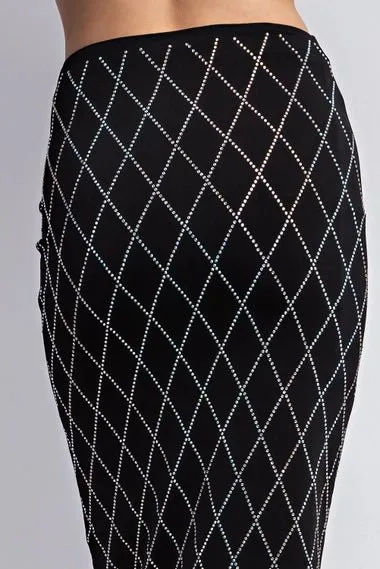 Black Knit Midi Skirt with Rhinestone