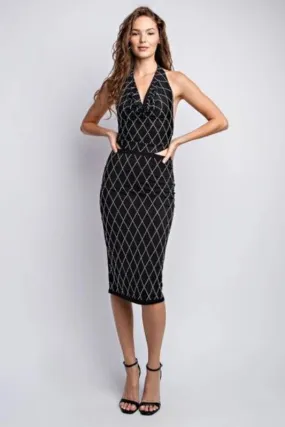 Black Knit Midi Skirt with Rhinestone