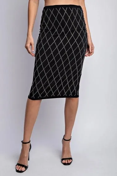 Black Knit Midi Skirt with Rhinestone