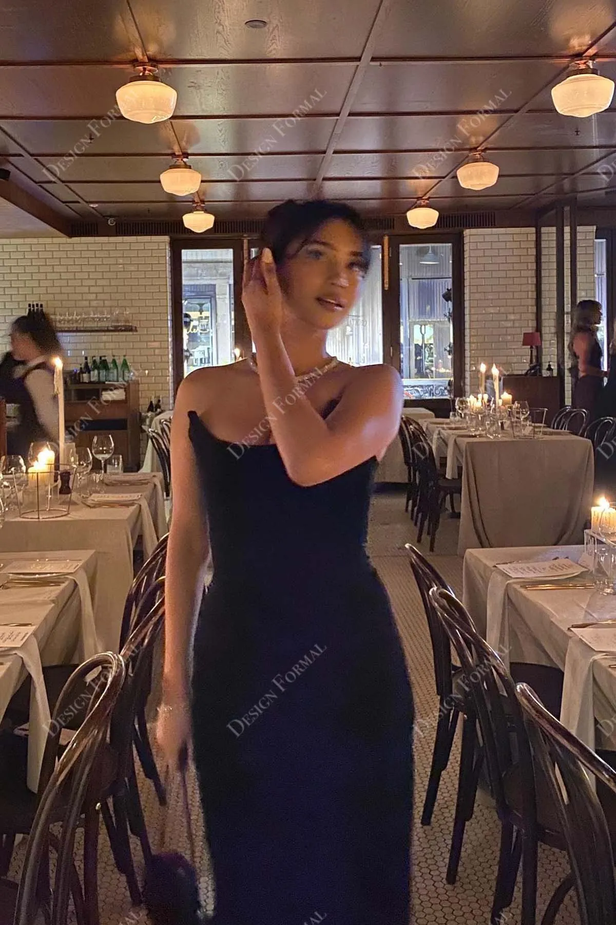 Black Strapless Scoop Neck Velvet Custom Ankle Length Prom Evening Dress