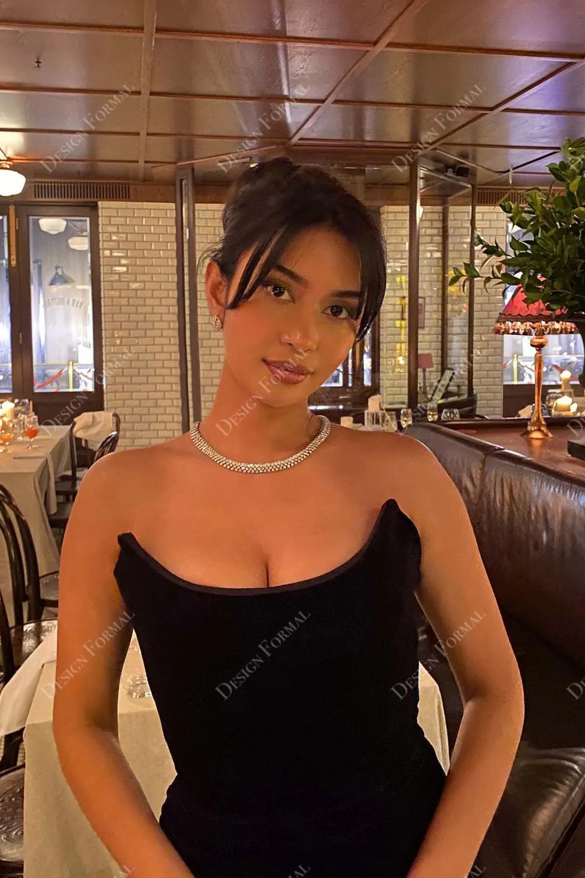 Black Strapless Scoop Neck Velvet Custom Ankle Length Prom Evening Dress