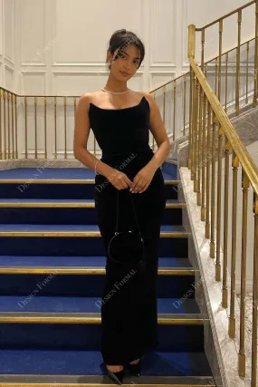 Black Strapless Scoop Neck Velvet Custom Ankle Length Prom Evening Dress