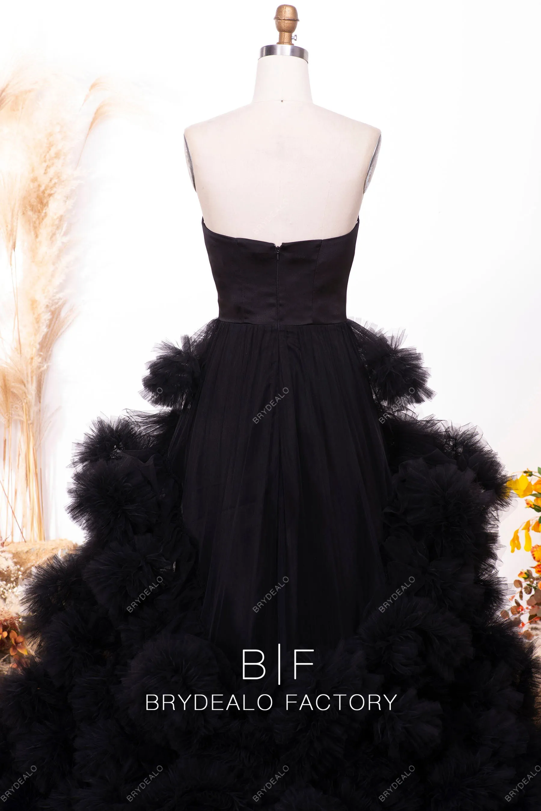 Black Strapless Tulle Ruffled Long Bridal Dress