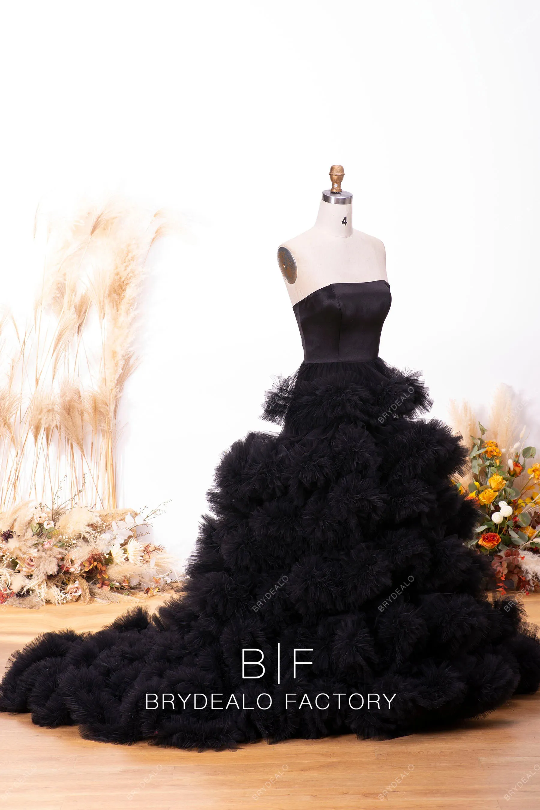 Black Strapless Tulle Ruffled Long Bridal Dress