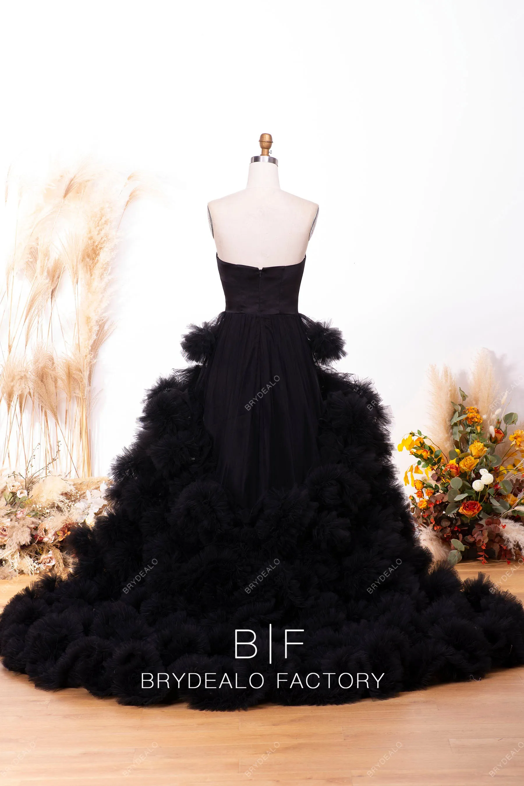 Black Strapless Tulle Ruffled Long Bridal Dress