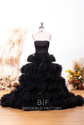 Black Strapless Tulle Ruffled Long Bridal Dress