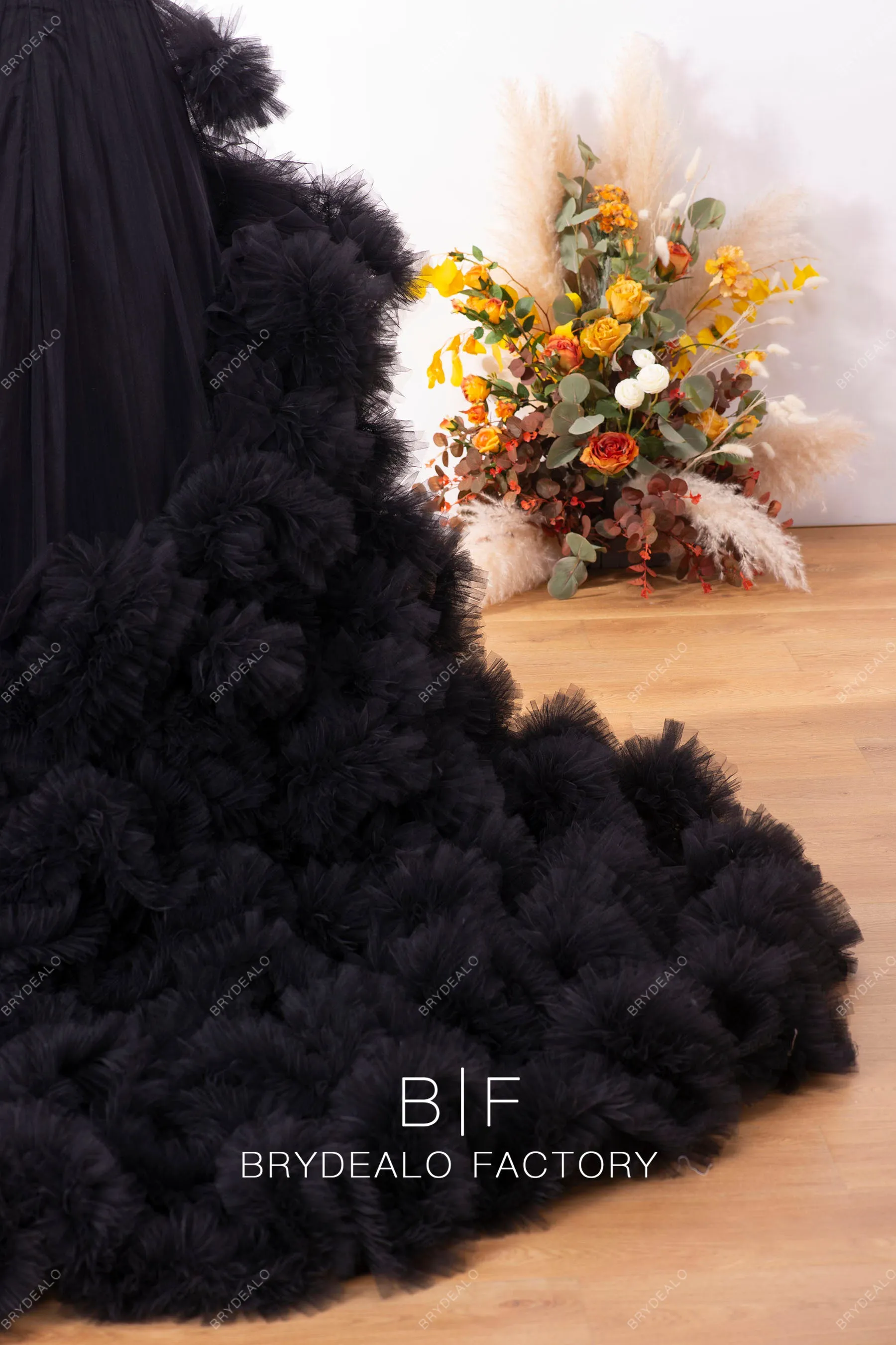 Black Strapless Tulle Ruffled Long Bridal Dress