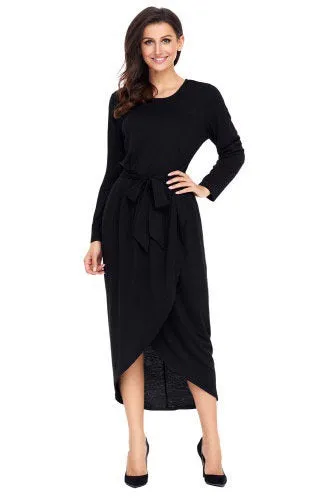 Black Tulip Faux Wrap Sash Tie Jersey Dress