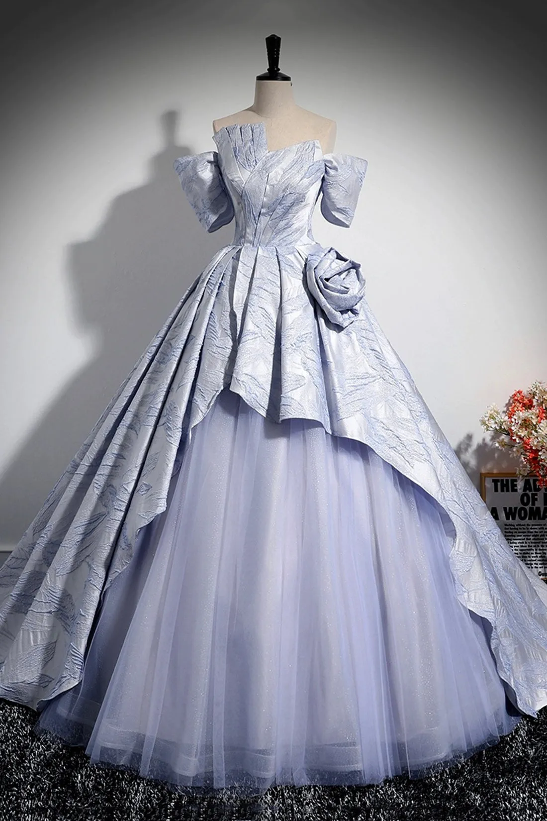 Blue Floor Length Tulle Prom Dress, Off the Shoulder A-Line Evening Party Dress