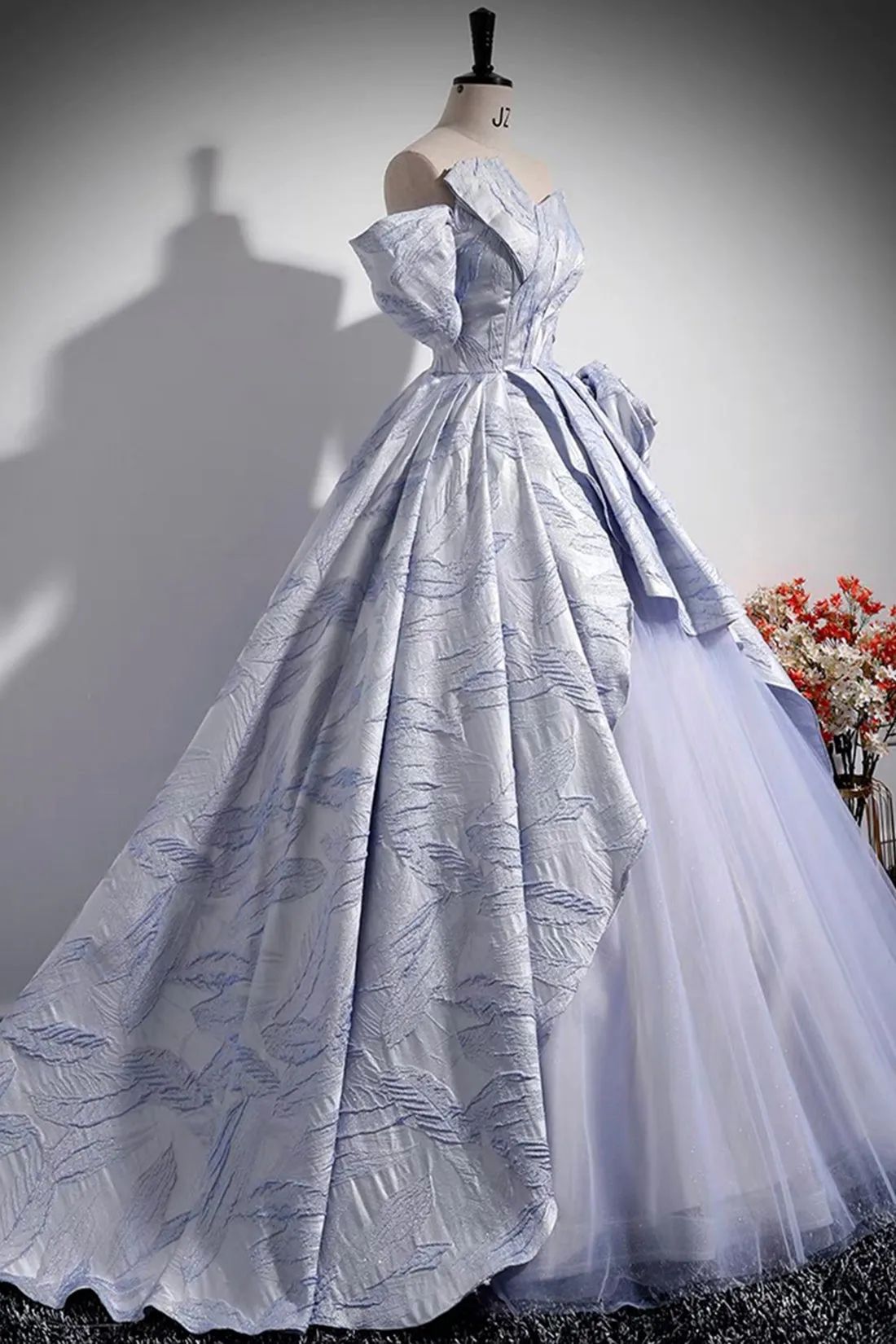 Blue Floor Length Tulle Prom Dress, Off the Shoulder A-Line Evening Party Dress