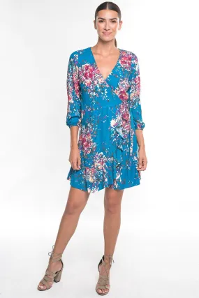 Blue Ruffled Floral Mini Wrap Dress