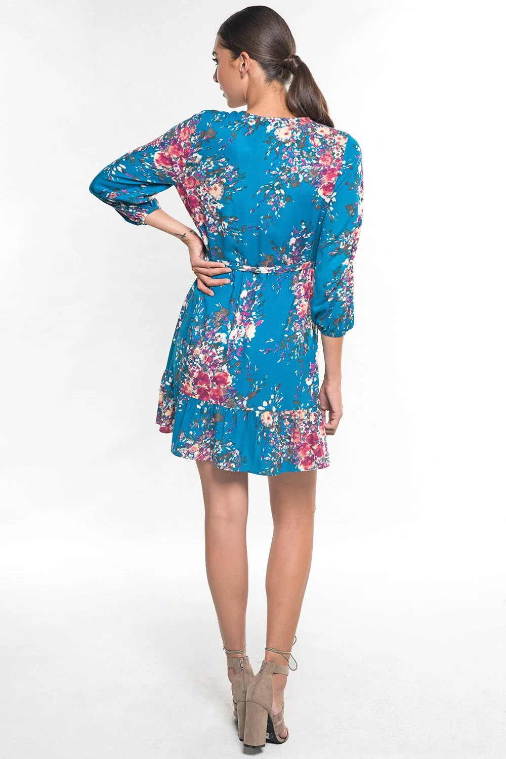 Blue Ruffled Floral Mini Wrap Dress