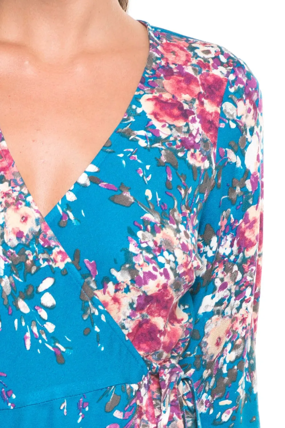 Blue Ruffled Floral Mini Wrap Dress