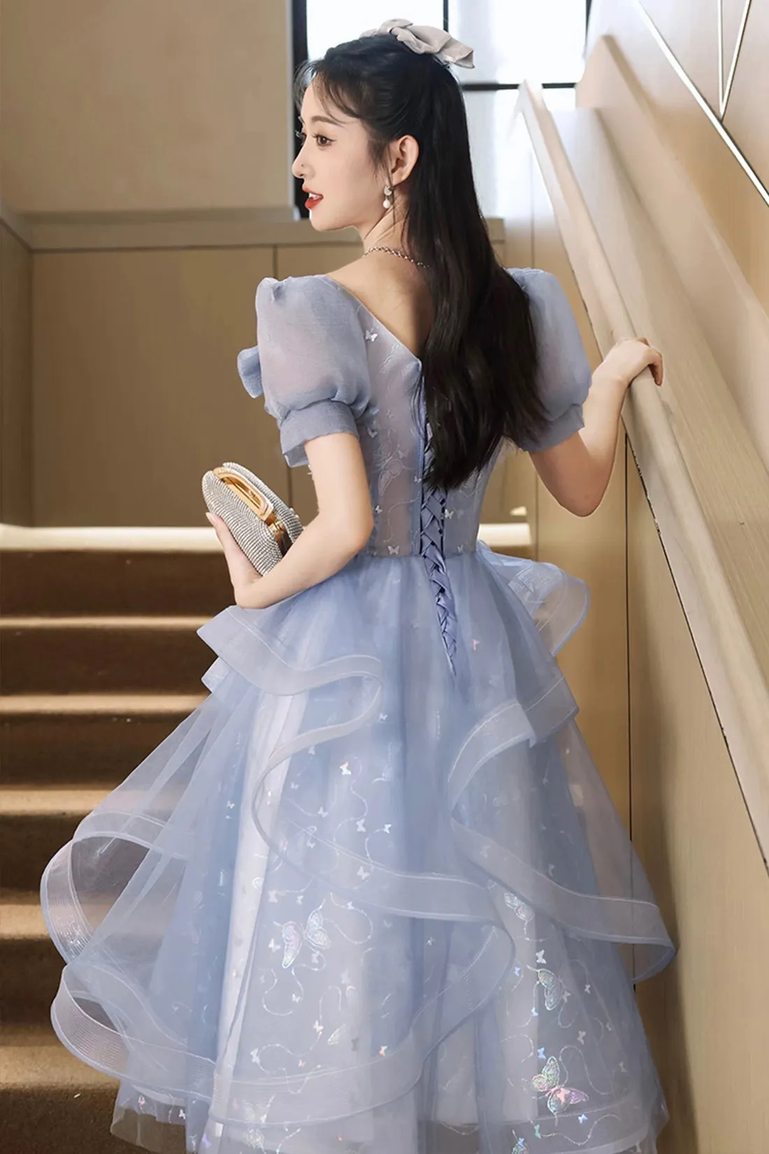Blue Tulle Lace Knee Length Party Dress, Cute A-Line Short Sleeve Evening Prom Dress