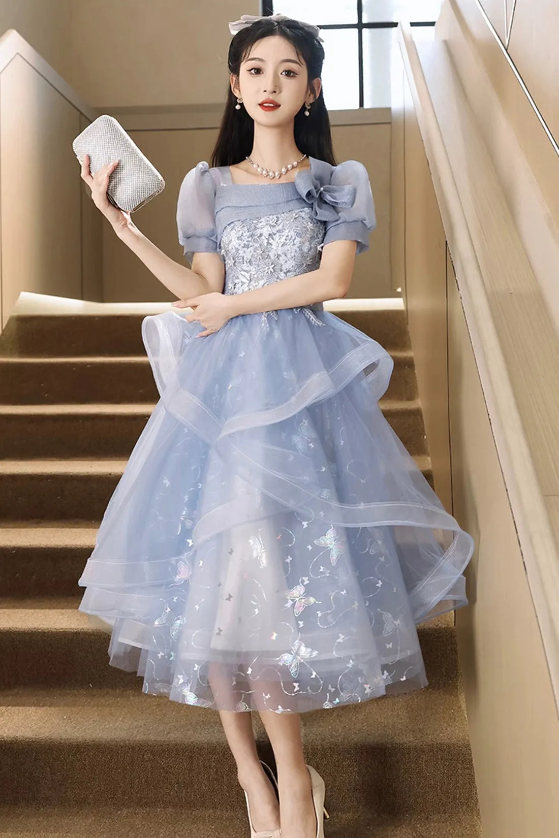 Blue Tulle Lace Knee Length Party Dress, Cute A-Line Short Sleeve Evening Prom Dress