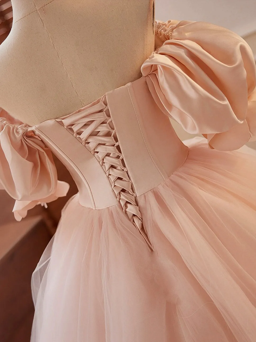 Blushing Pink Off the Shoulder Puffy Short Sleeve Backless Floor-Length Party Dresses with Corset