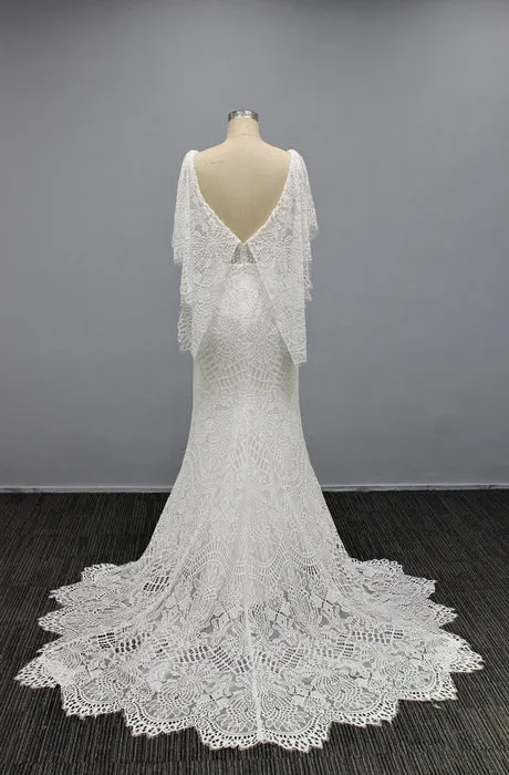 Boho Flutter Sleeve Lace Mermaid Wedding Dress