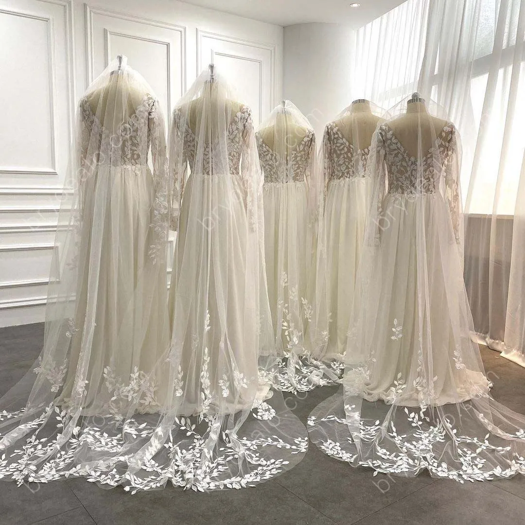 Boho Leaf Lace Sheer Long Sleeved Wholesale Chiffon Bridal Dress