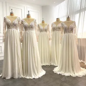 Boho Leaf Lace Sheer Long Sleeved Wholesale Chiffon Bridal Dress