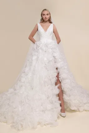 Bridal Gown with V-Neckline, Layered Skirt, Side Slit, and Cathedral-Length Veil