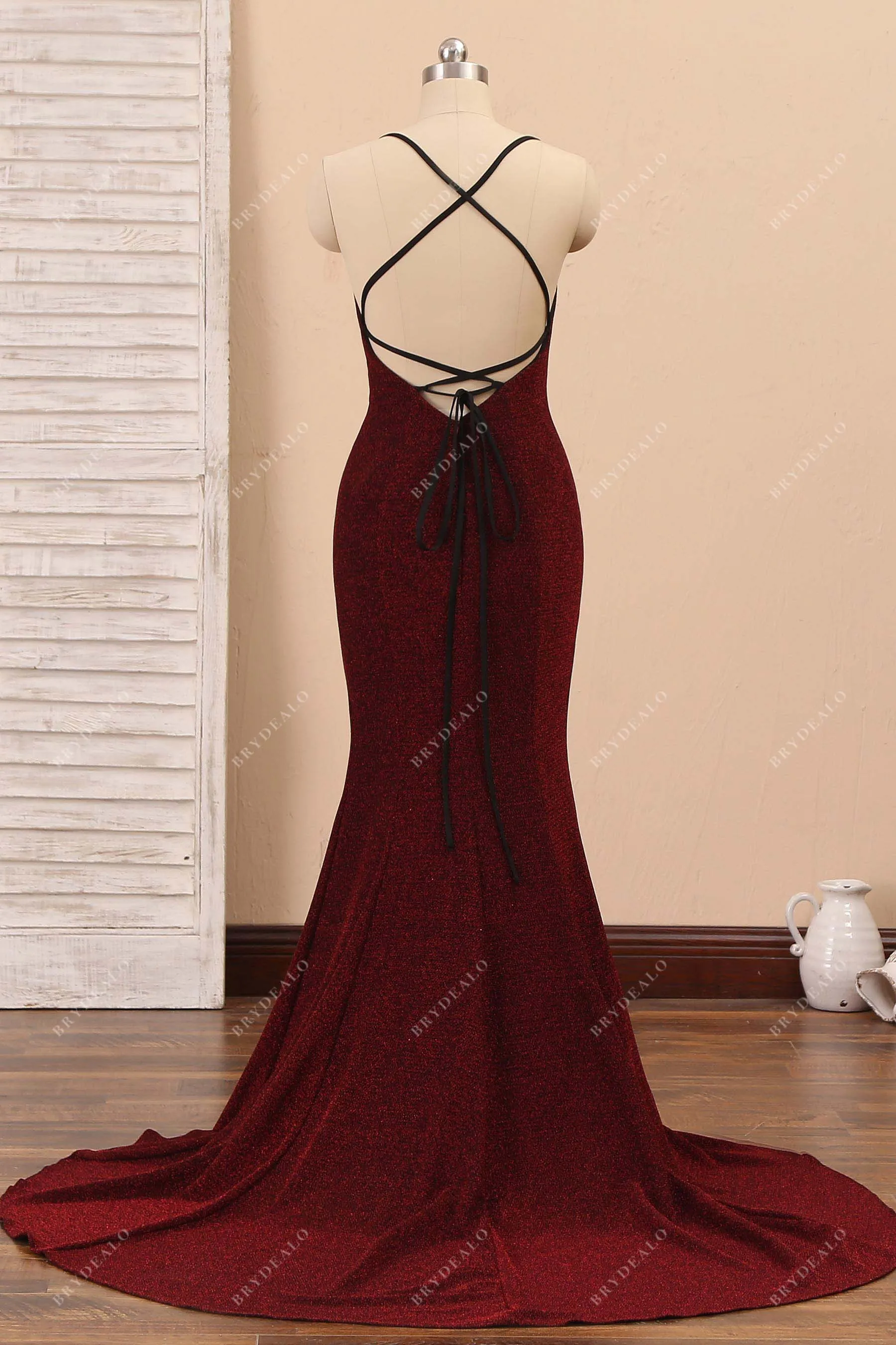 Burgundy Glitter Thin Straps Mermaid Prom Dress