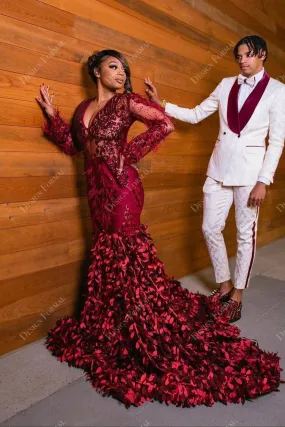 Burgundy Sequin Feather Sheer Sleeve 3D Roses Custom Prom Dress