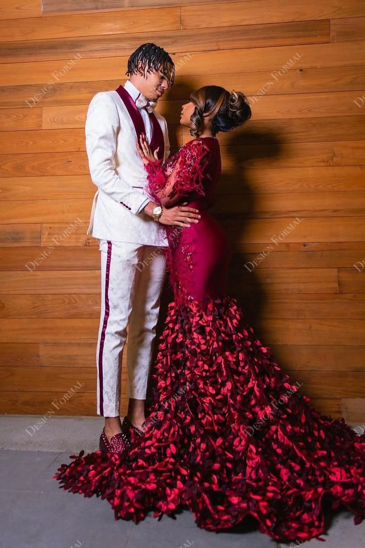 Burgundy Sequin Feather Sheer Sleeve 3D Roses Custom Prom Dress