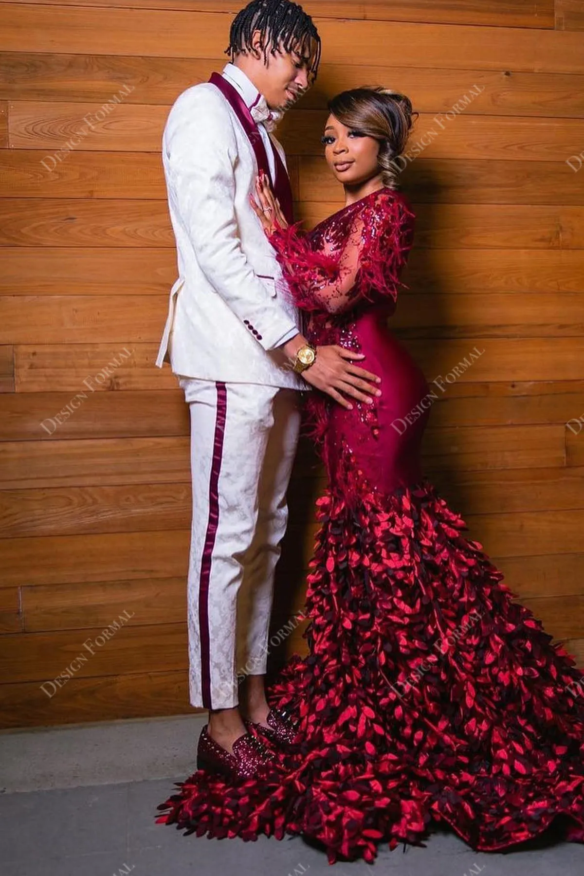 Burgundy Sequin Feather Sheer Sleeve 3D Roses Custom Prom Dress
