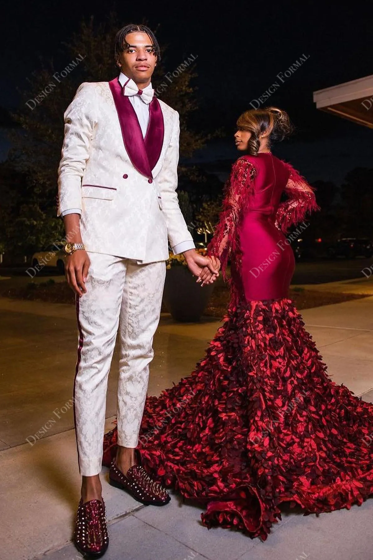 Burgundy Sequin Feather Sheer Sleeve 3D Roses Custom Prom Dress