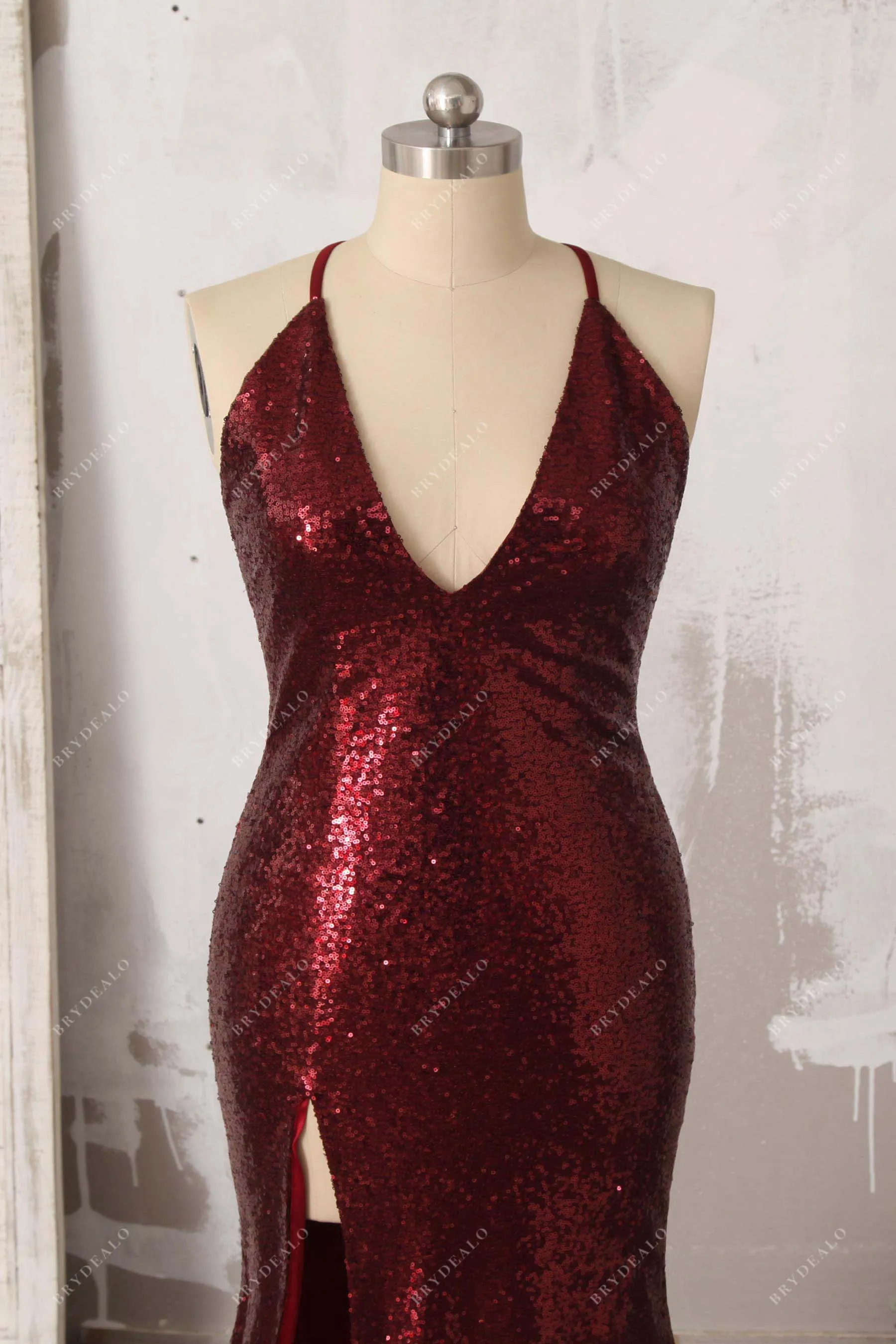 Burgundy Sequin Plunging Slit Bridesmaid Dress