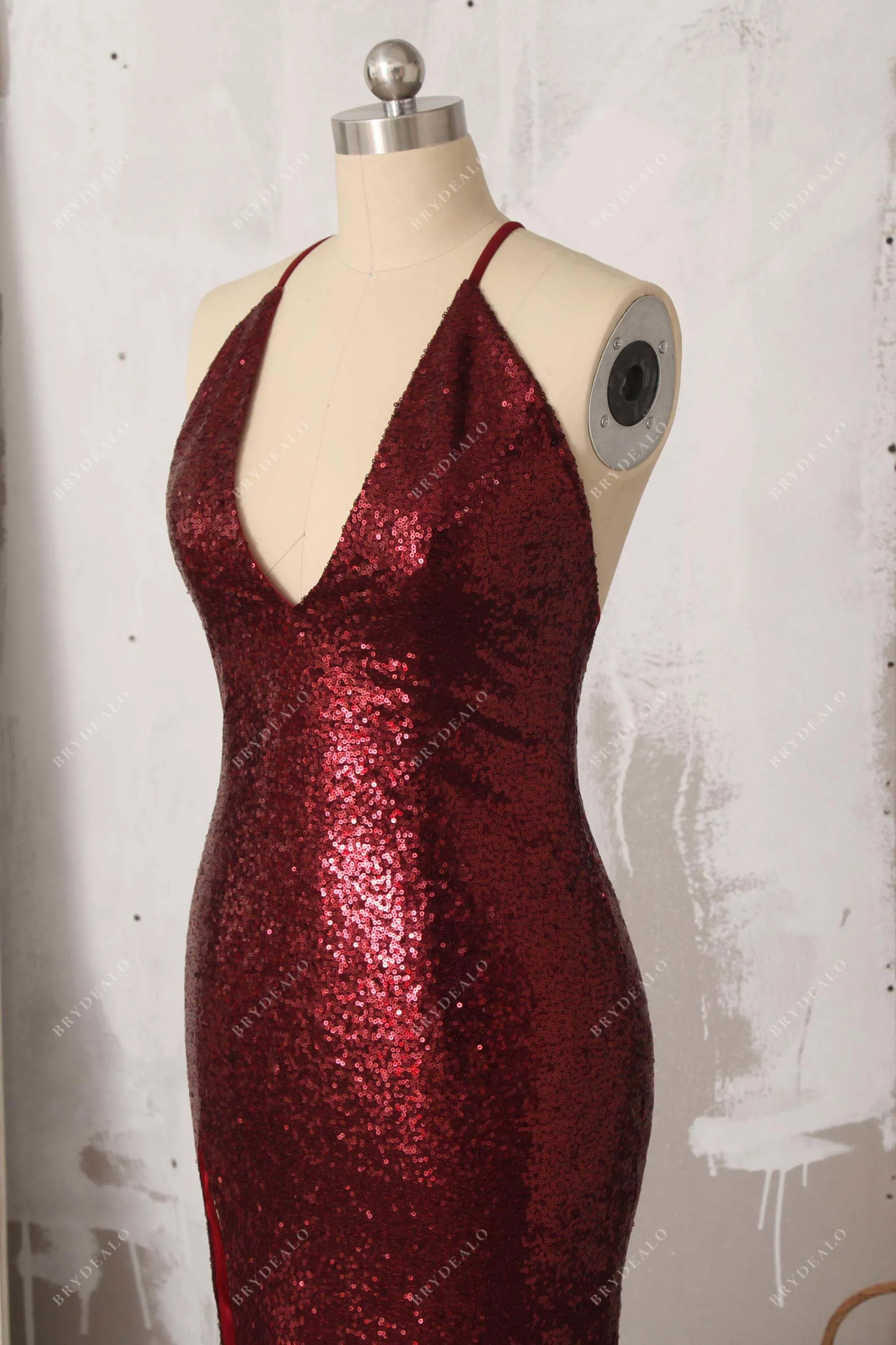 Burgundy Sequin Plunging Slit Bridesmaid Dress