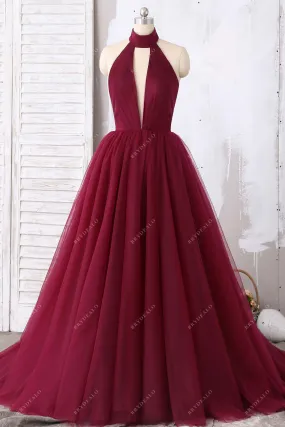 Burgundy Tulle Halter Open Back Prom Ball Gown