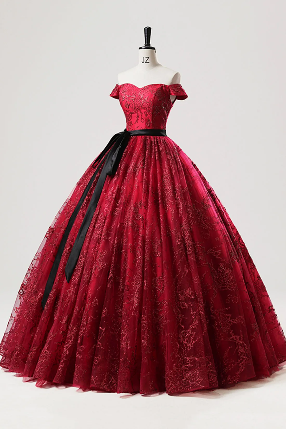 Burgundy Tulle Sequins Long Prom Dress, A-Line Off the Shoulder Party Gown