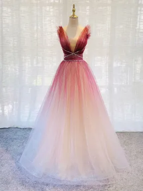 Burgundy v neck tulle sequin long prom dress burgundy formal dress