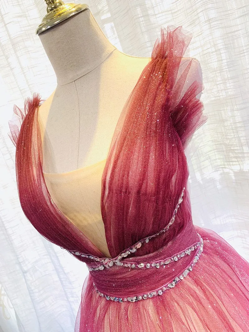 Burgundy v neck tulle sequin long prom dress burgundy formal dress