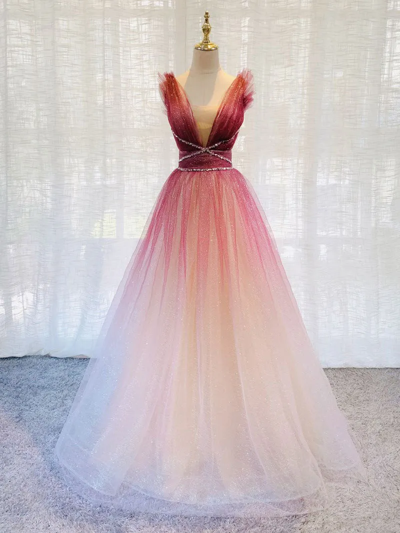 Burgundy v neck tulle sequin long prom dress burgundy formal dress