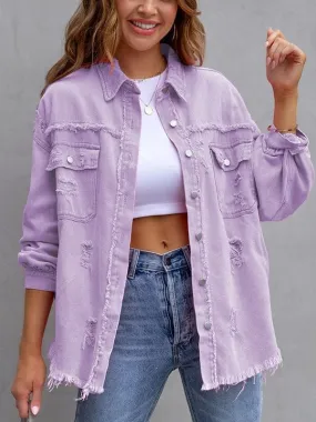 Button-Down Distressed Denim Jacket