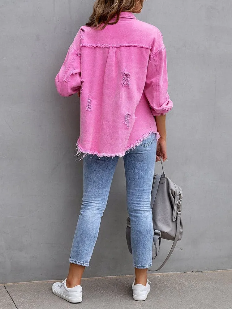 Button-Down Distressed Denim Jacket